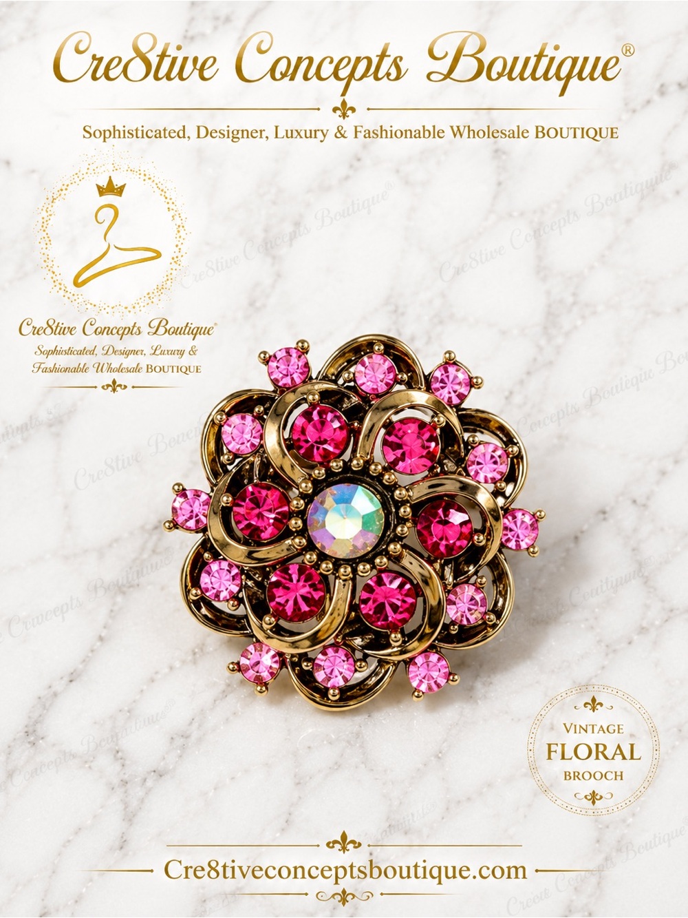 Vintage Floral Rhinestone Brooch – Pink & Gold Tone Statement Pin